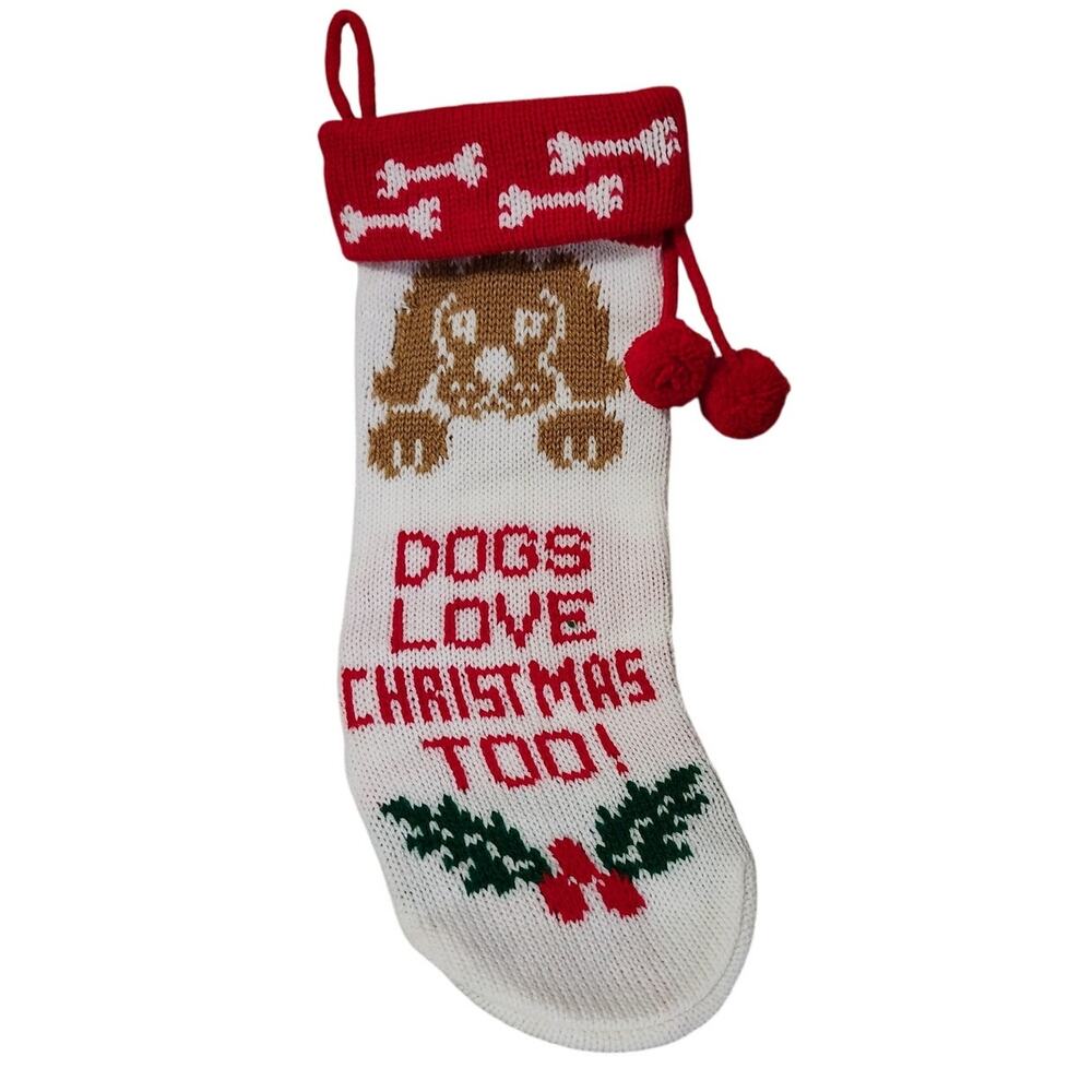 Vintage Crochet 90s Dogs Love Christmas Too! Stocking Noel Dog Bone Red